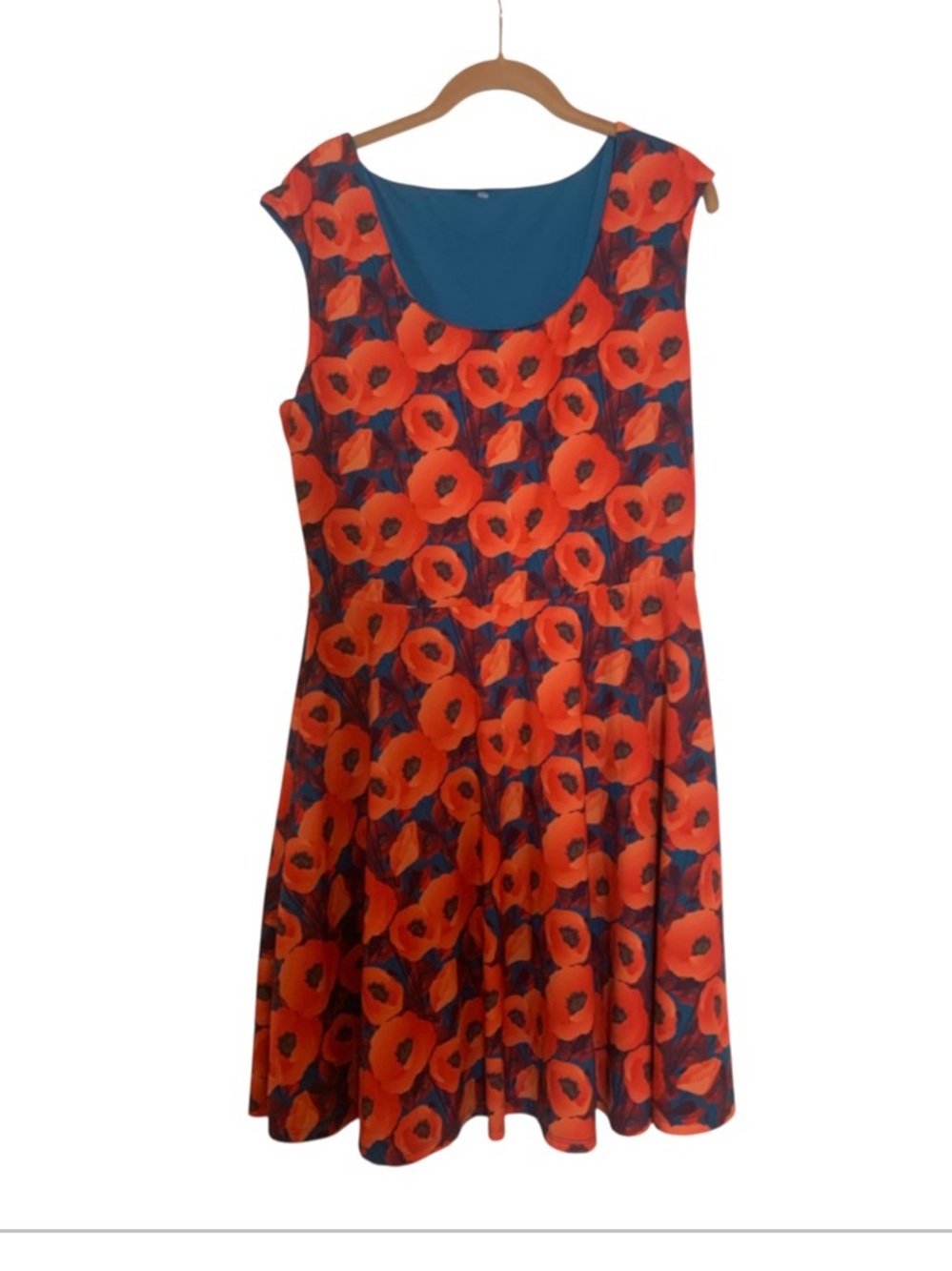 Betabrand Red Blue Poppy Print Fit-and-Flare Midi Dress Reversible Extra Large